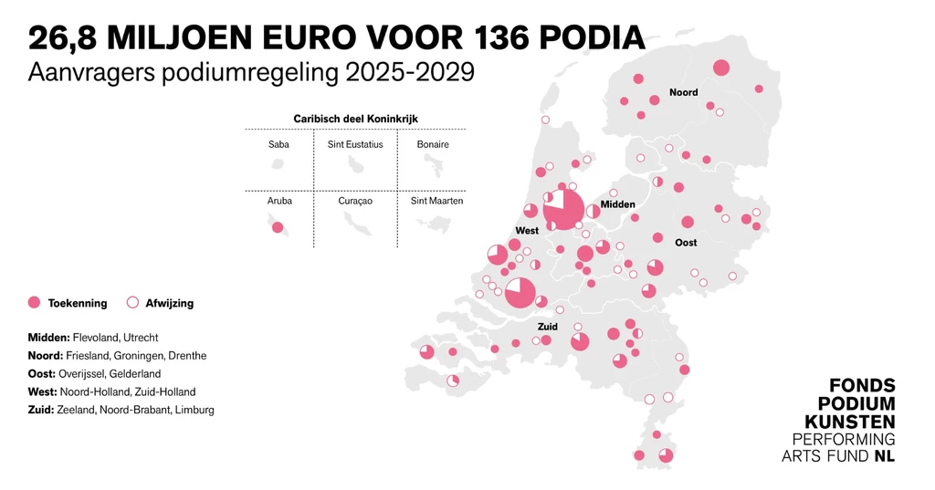 Kaart van Nederland en Caribisch deel Koninkrijk waarop spreiding van de podiumregeling is weergegeven. Beeld: © Taluut