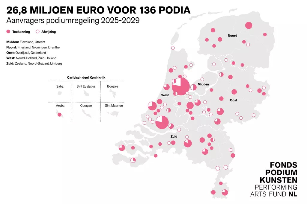 Kaart van Nederland en Caribisch deel Koninkrijk waarop spreiding van de podiumregeling is weergegeven. Beeld: © Taluut